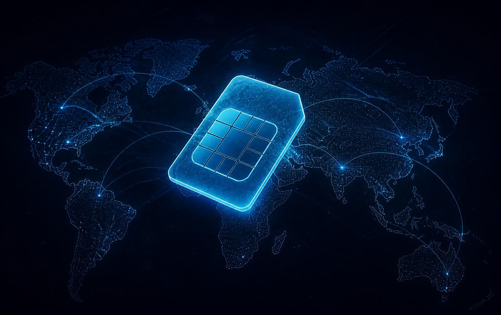 Glowing eSIM chip over a world map of connected destinations